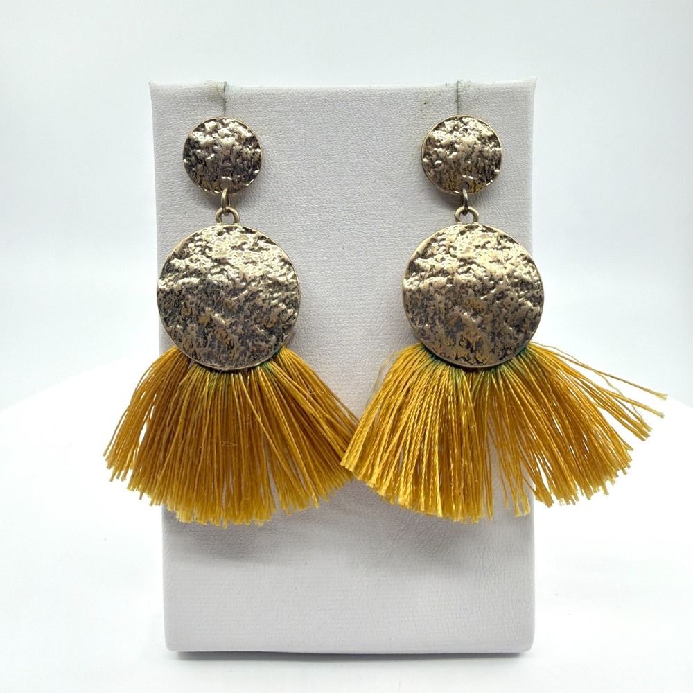 Mustard Tassel Drop Earrings Hammered Gold Tone Boho Statement Jewelry Gift Idea
